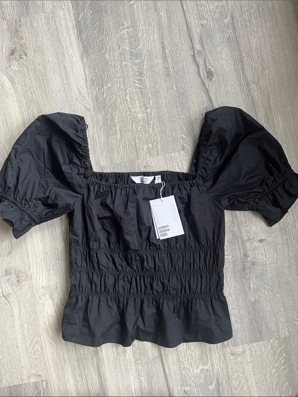 & Other Stories Black Smocked Puff-Sleeve Peplum Top